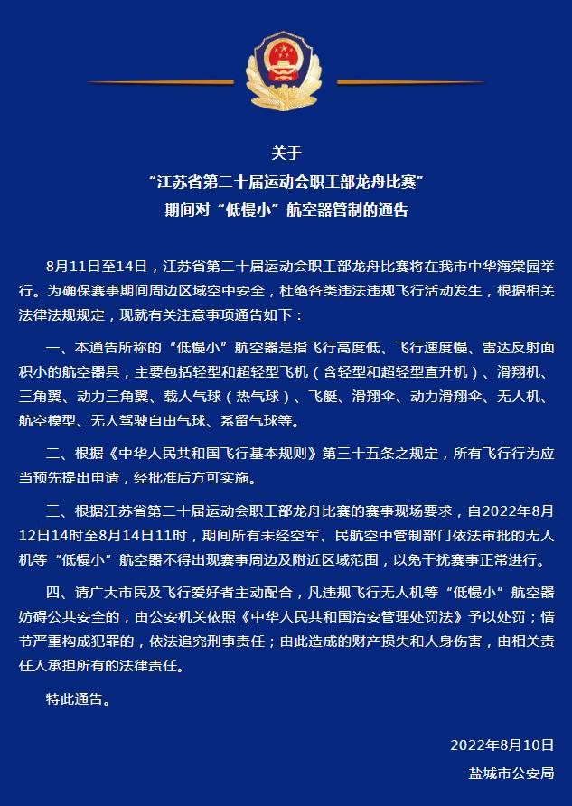 关于 ”江苏省第二十届运动会职工部龙舟比赛” 期间对”低慢小